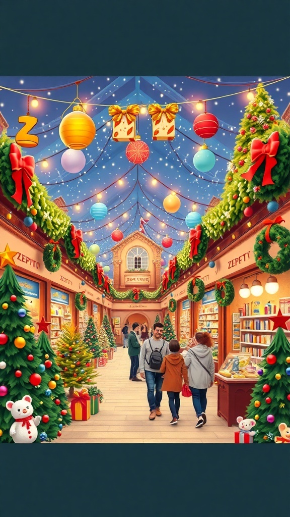 A lively Zepeto Christmas shopping scene with market stalls, holiday lights, and festive decorations.